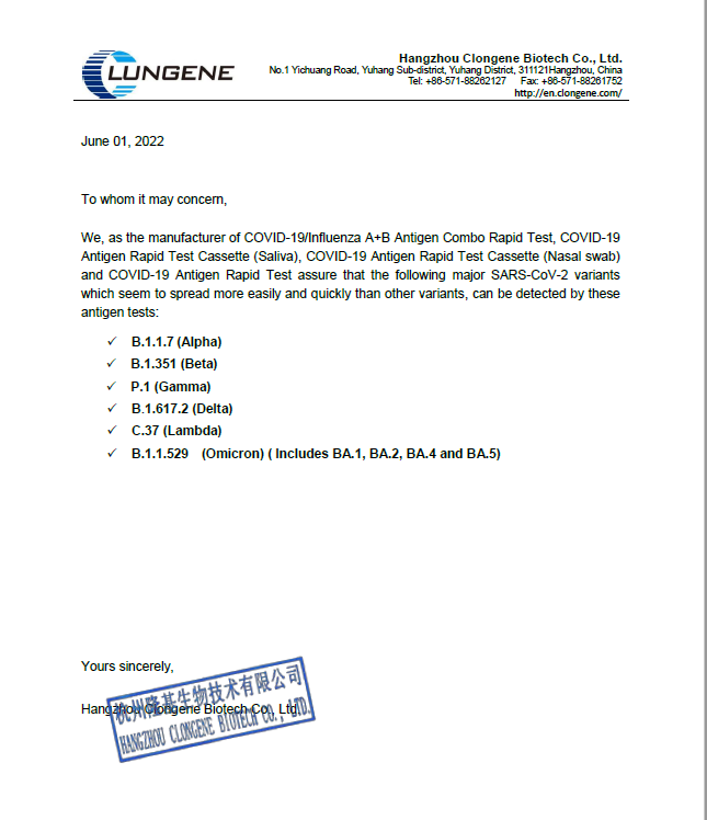 CLUNGENE® COVID-19 Antigen-Schnelltest Statement Update 01.06.2022 