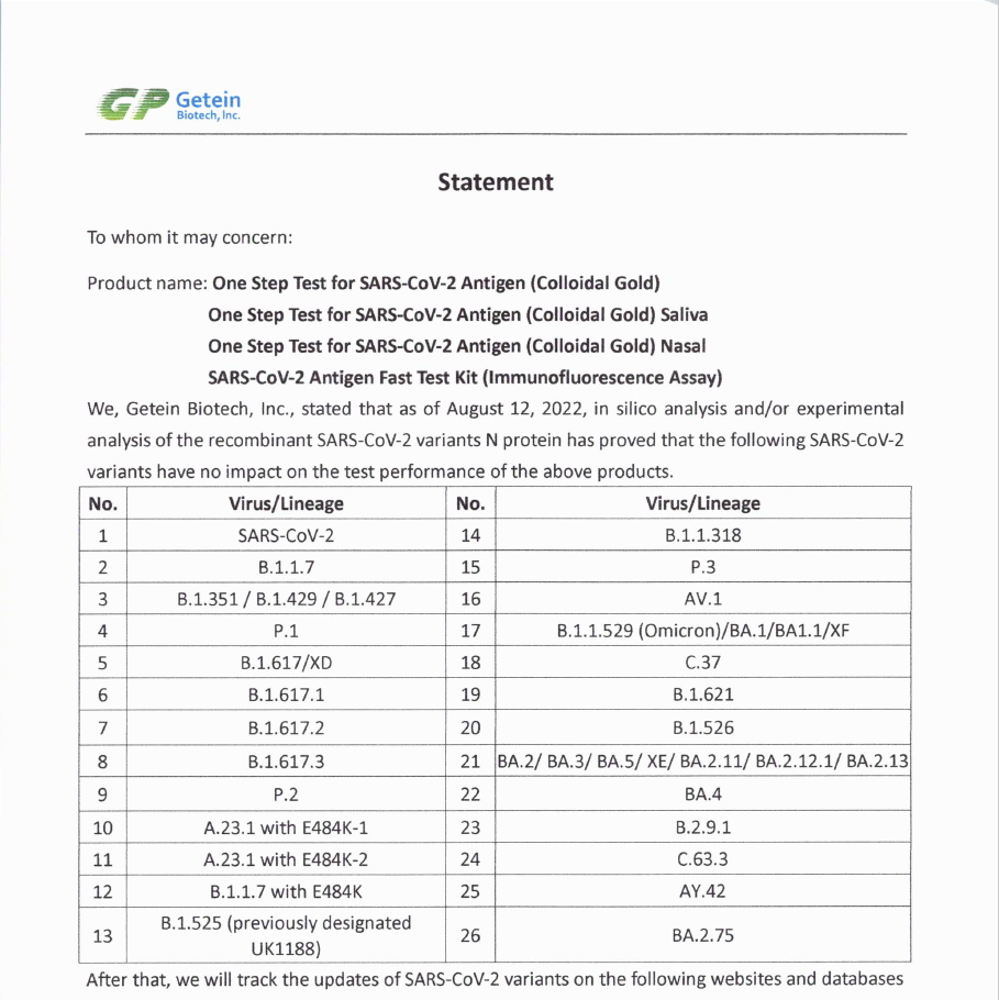 Getein Statement on variants-Antigen_update 12.08.2022