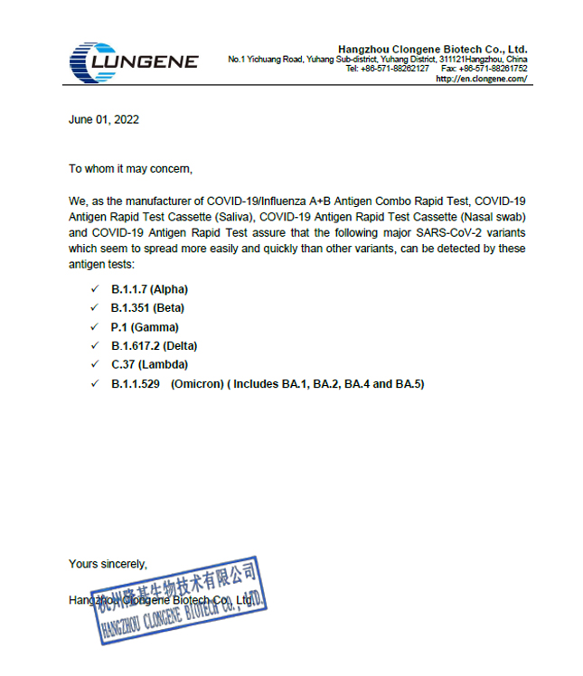 CLUNGENE® COVID-19 Antigen-Schnelltest Statement Update 01.06.2022 